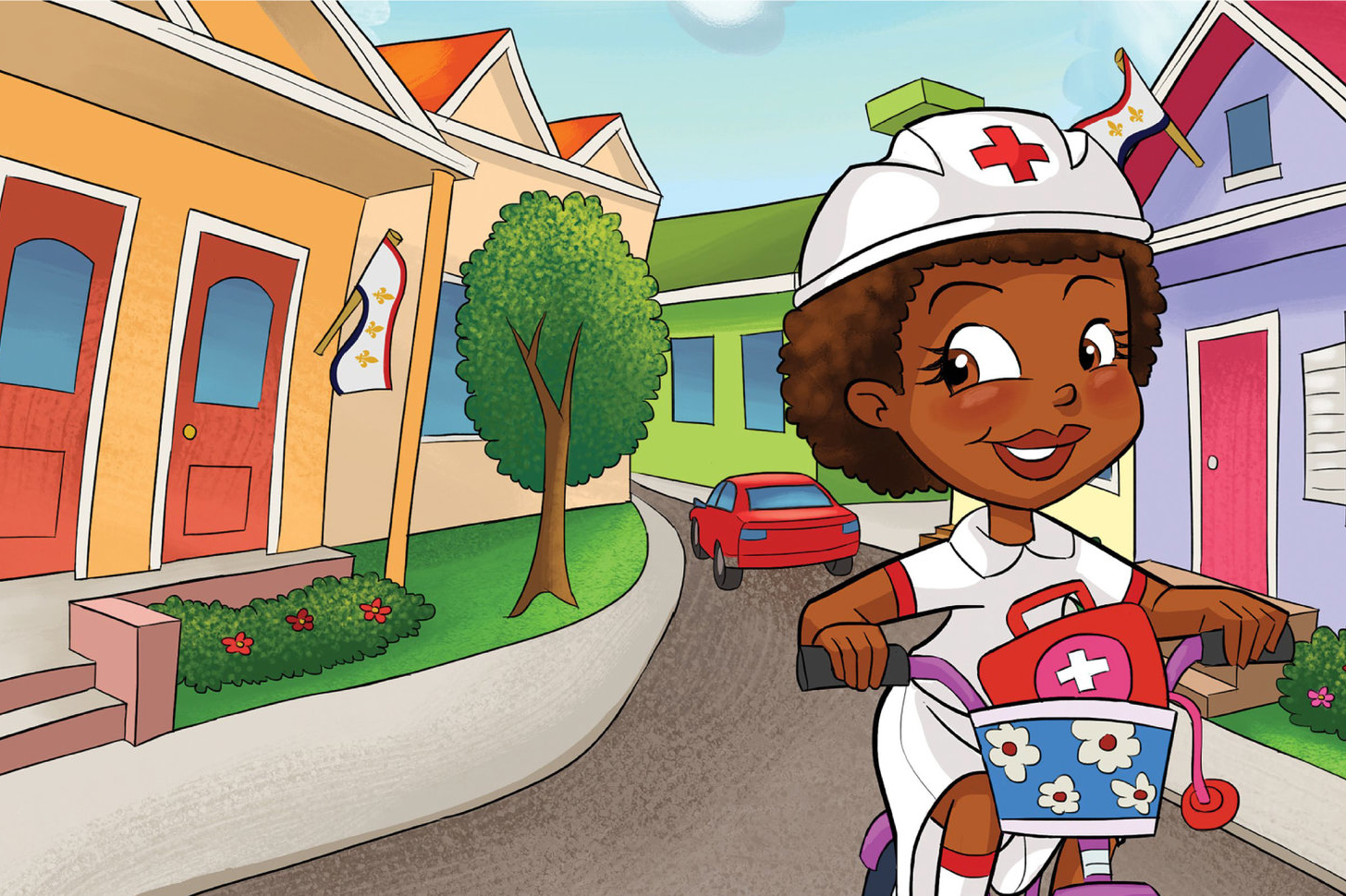Colorful cartoon illustration of Nola the nurse on a bicycle