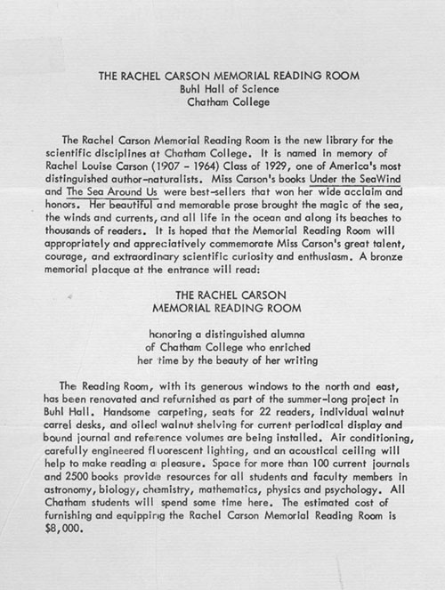 PCW/Chatham College Rachel Carson Memorial Reading Room Announcement (Pennsylvania)