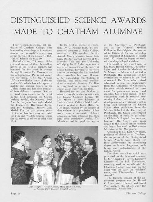 Distinguished Science Awards Made to Chatham Alumnae, Chatham Alumnae Recorder (Pennsylvania)