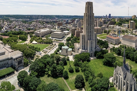 Arial perspective of the University of Pittsburgh's Cathedral of Learning in Pittsburgh's Oakland neighborhood. 