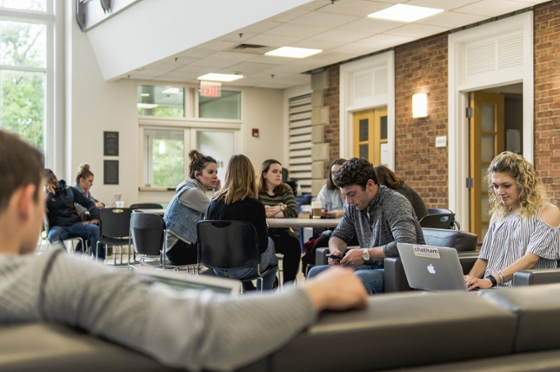 Chatham University students sit in lounge area at tables studying and working on laptops. 