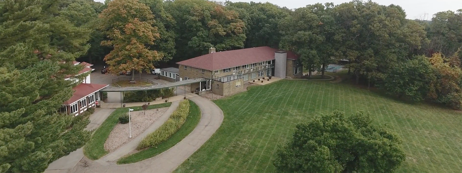 Aerial photo of a building on Eden Hall Campus