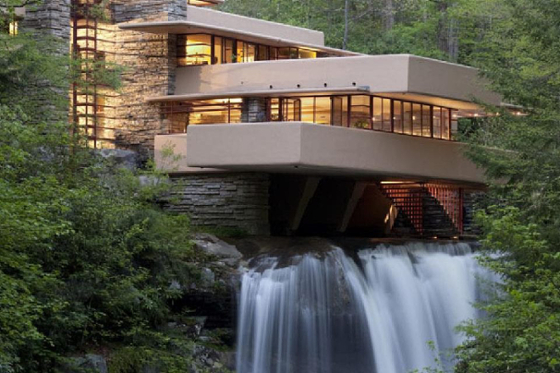 Frank Lloyd Wright's Falling Water home sits in the woods in Western Pennsylvania.