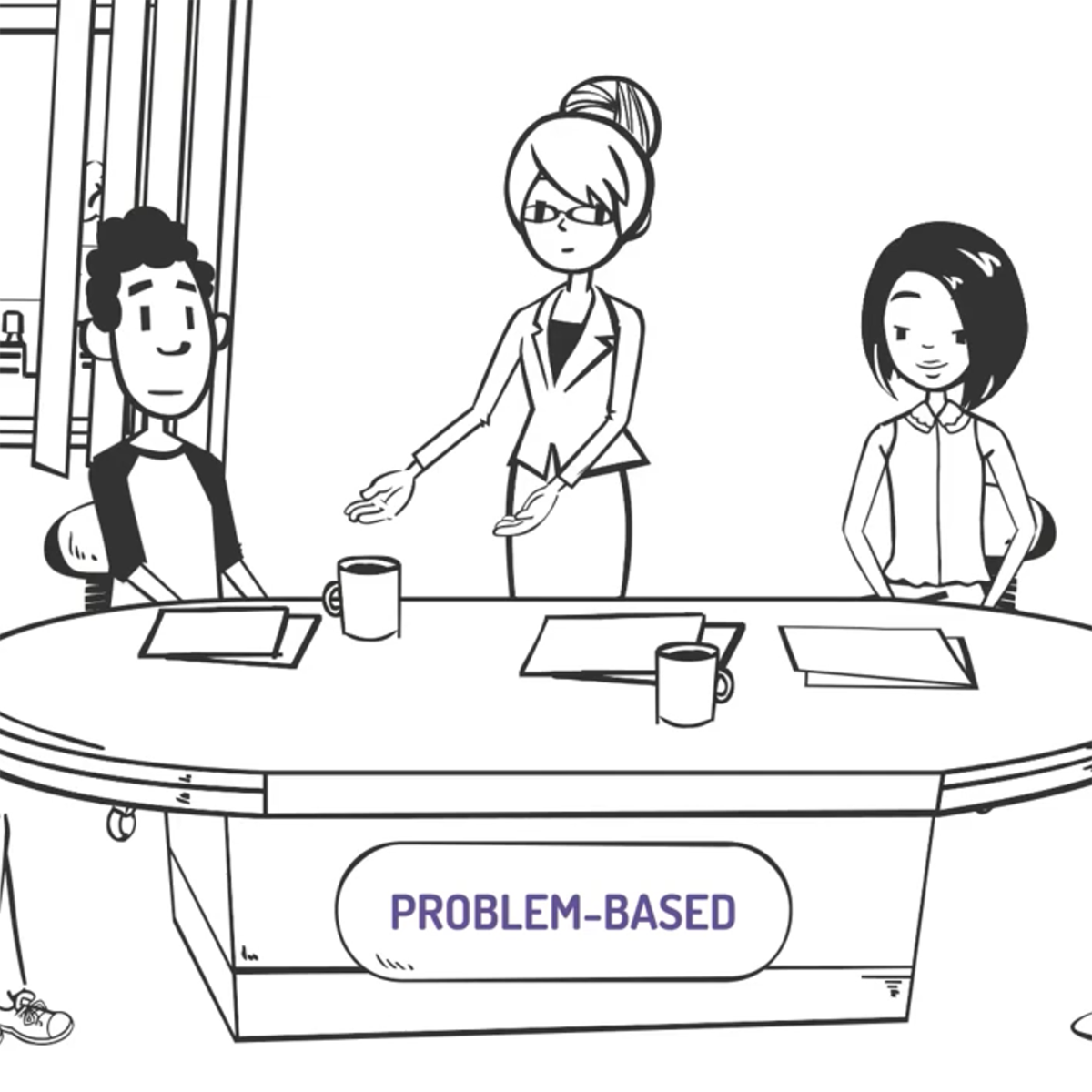 Illustration of a faculty member teaching two students with Problem Based written on the bottom of the image