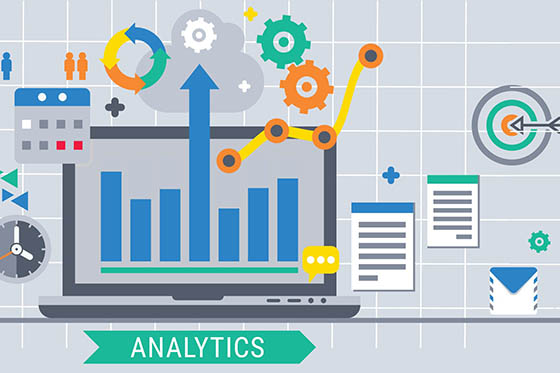 Graphic for data analytics featuring clipart laptop, charts, arrows, and multicolored shapes.