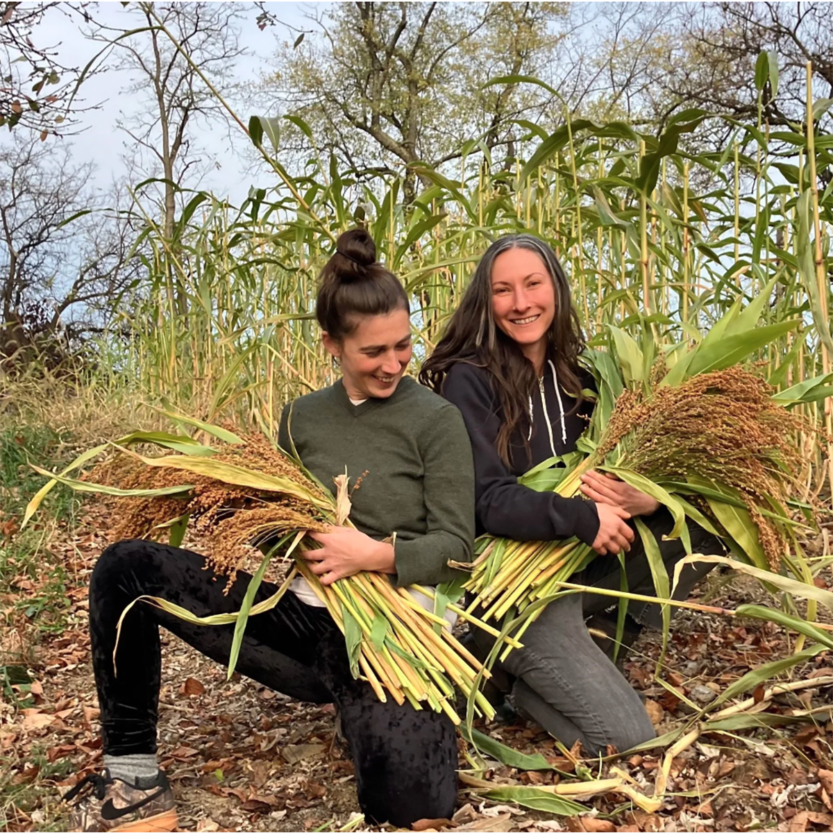 Megan Gallagher ’11, right, kneels in a field of broom corn with be.wild.er farm co-owner Adrienne Nelson.