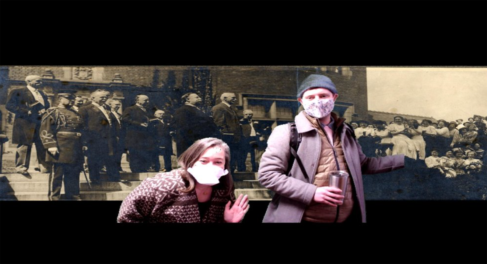 Photo of two people wearing masks posing in front of a black and white photo