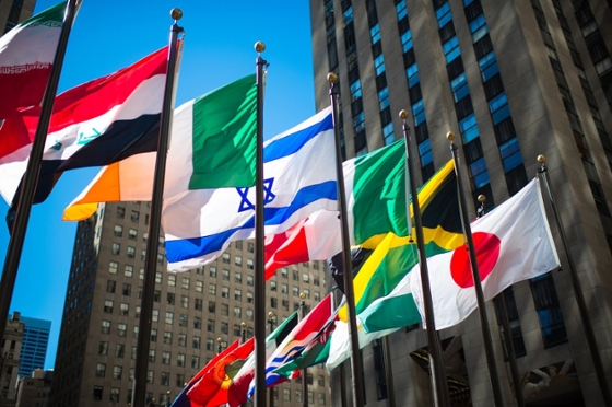 Photo of international flags waving in the breeze outside of the U.N.