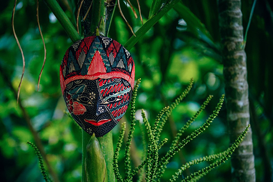 Photo of a colorful mask hanging outside surrounded by greenery. 