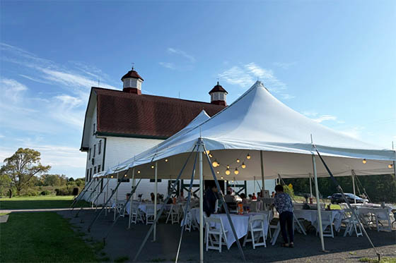 A white tent with lights for Farm to Fork on Eden Hall Farm