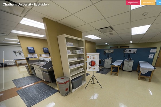 Screenshot from the Chatham Eastside virtual tour, showing the physical therapy room with raised tables and exercise space