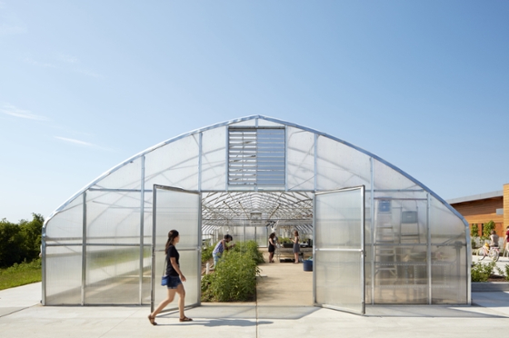 Photo of Eden Hall's free-standing greenhouse, where Chatham University students are working on agriculture. 