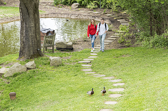 Two Chatham University students walk hand in hand along a path circling a pond on the Shadyside Campus. 