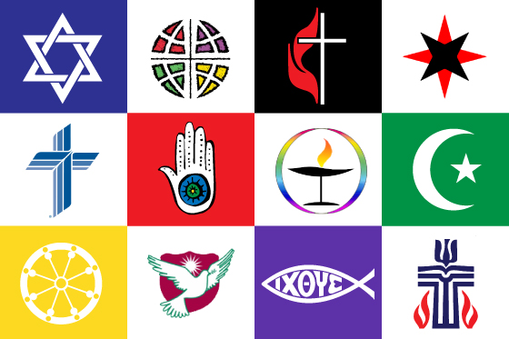Decorative image comprised of twelve religious symbols in a grid