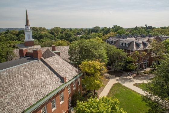 Aerial photo of Chatham University's Shadyside Campus, showing Woodland Hall